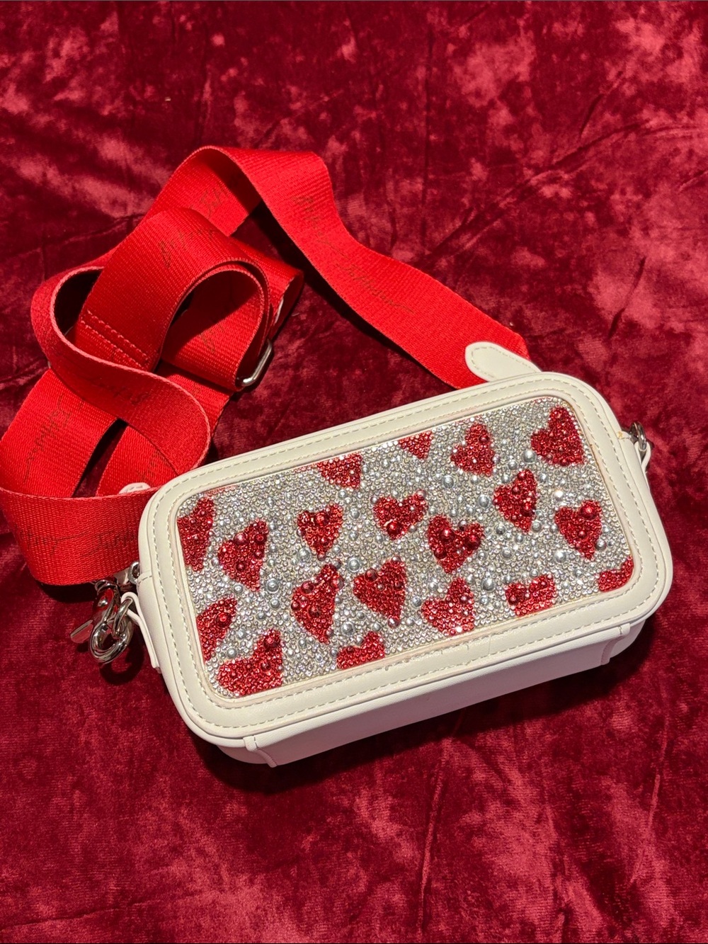 Betsy Johnson White Crossbody Bag with Red Heart Crystal Panel